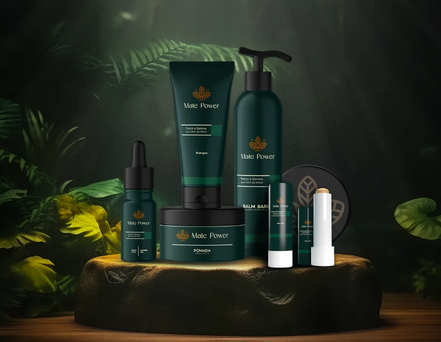 Linha completa Mate Power: pomada matte, loção pós-barba, creme de mãos e sérum facial à base de erva-mate