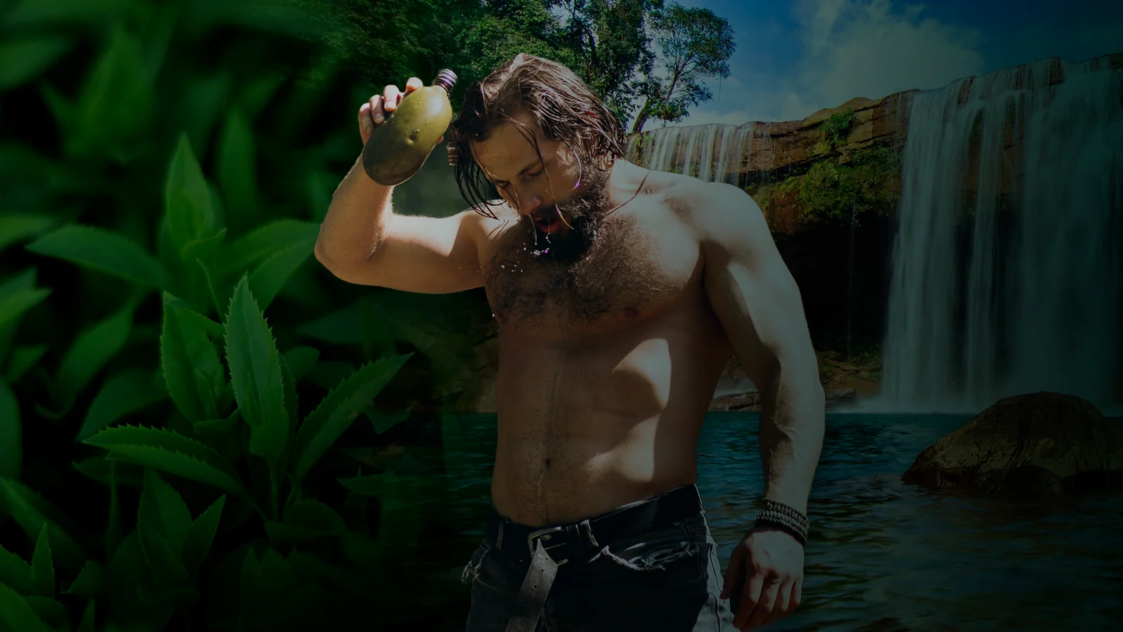 Homem aplicando cosmético Mate Power — ritual diário de cuidado masculino com erva-mate